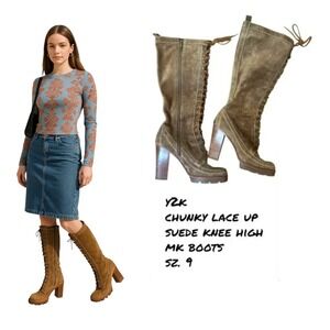 Y2K CHUNKY BROWN SUEDE LACE UP KNEE HIGH MK HEELED‎ BOOTS US SIZE 9